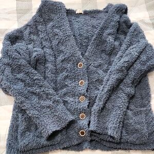 POL Textured Blue Button-Up Hooded Cardigan Oversized Medium